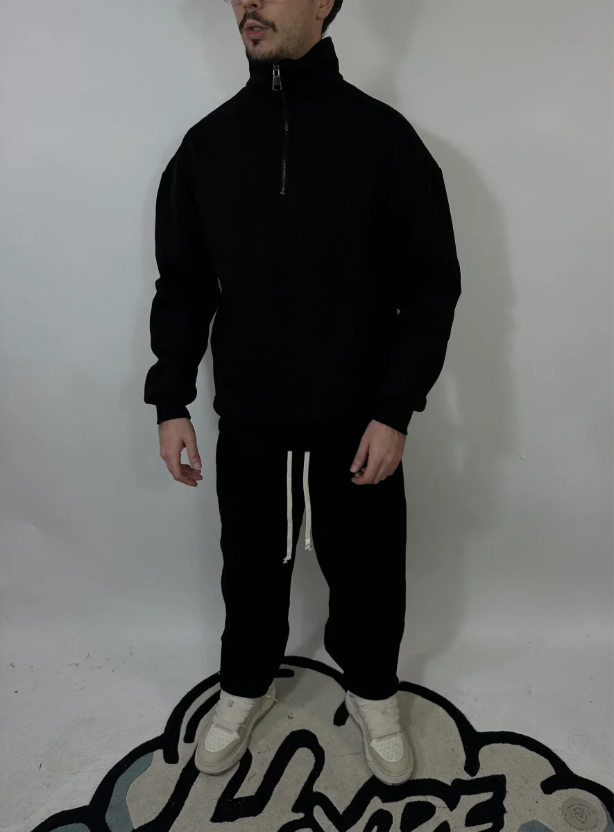 Completo Nero Cotone Felpato Zip Collo Alto Pantalone Baggy - immagine 6