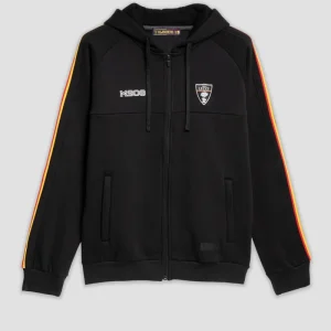 Felpa tuta nera con zip e strisce giallo-rosse