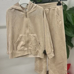 Set coordinato in ciniglia felpa con zip e pantaloni brillantinati