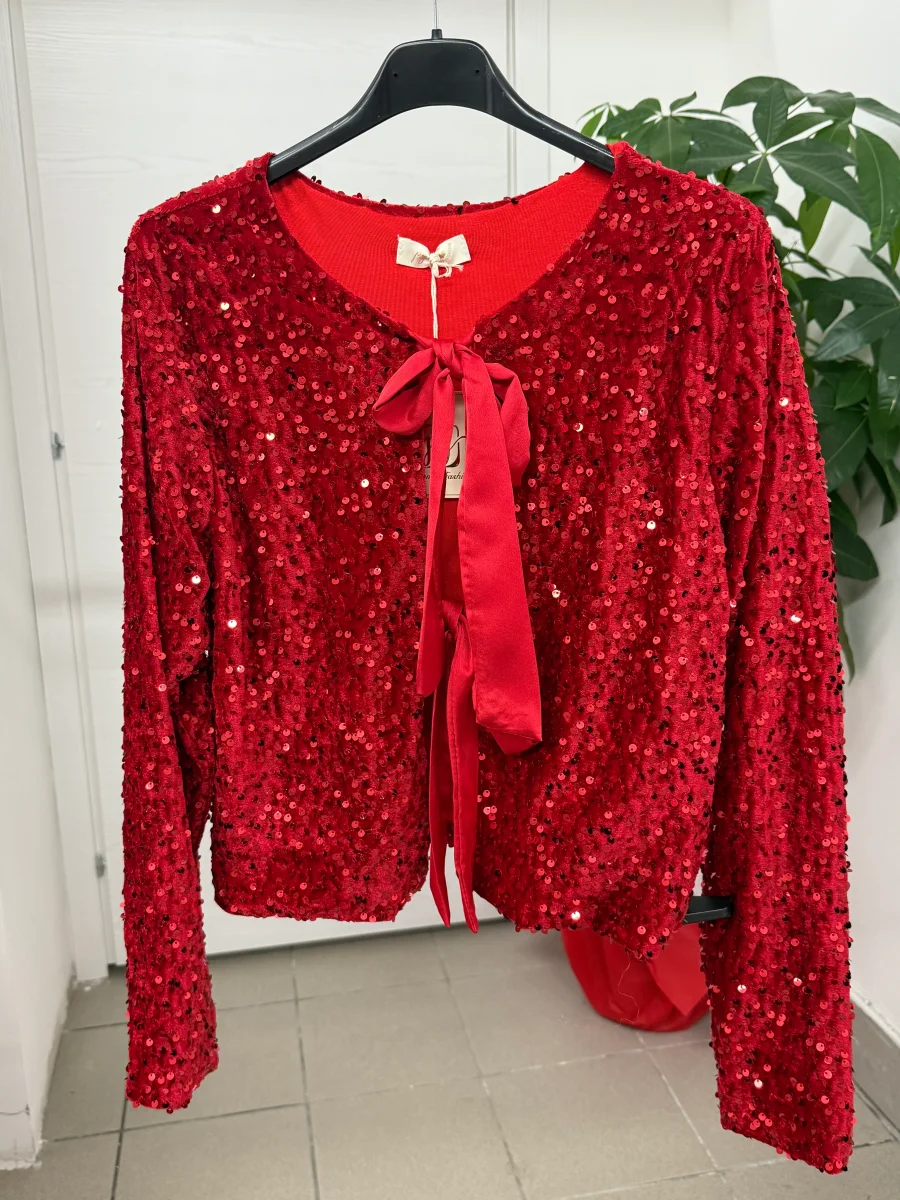 Giacca in velluto con paillettes con chiusura a fiocchi - immagine 2