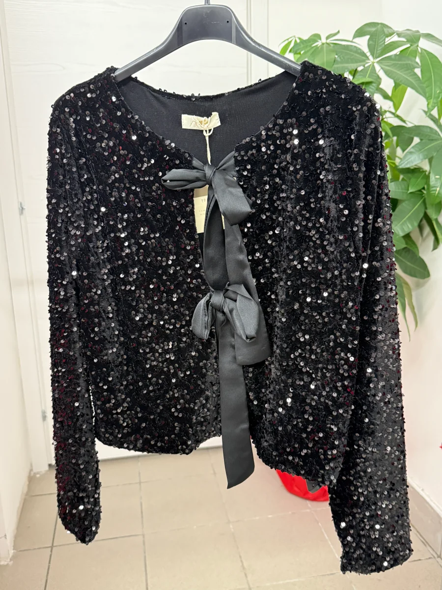 Giacca in velluto con paillettes con chiusura a fiocchi - immagine 3