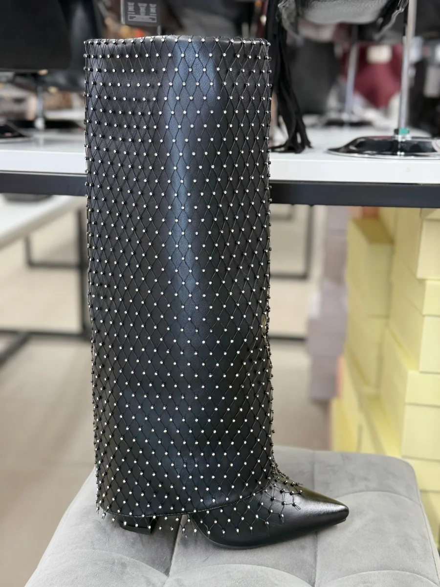 Stivali in ecopelle risvoltati con rete brillantinata - immagine 3