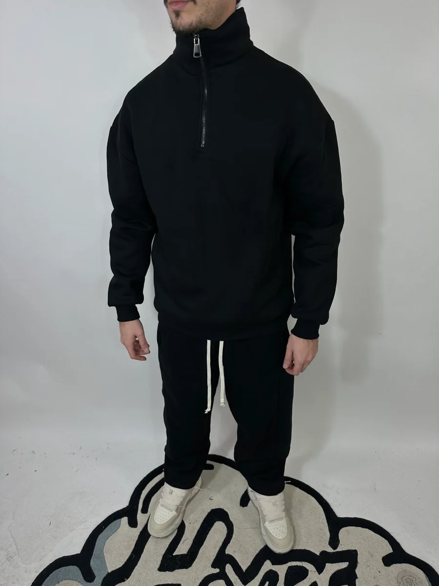Completo Nero Cotone Felpato Zip Collo Alto Pantalone Baggy - immagine 2
