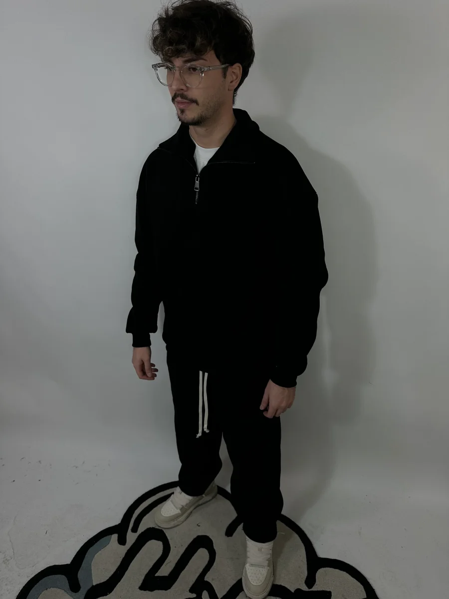 Completo Nero Cotone Felpato Zip Collo Alto Pantalone Baggy - immagine 3