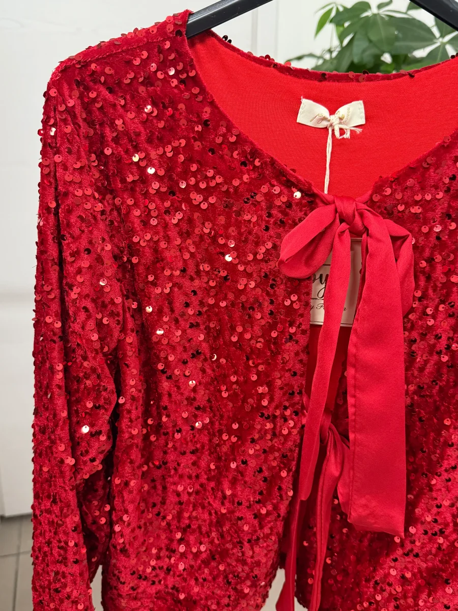 Giacca in velluto con paillettes con chiusura a fiocchi - immagine 4