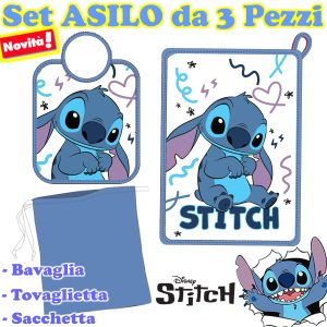 Disney – “Stitch” Set Asilo Bimbo 3 Pezzi ( Tovaglietta + Bavetta + Sacchetta )