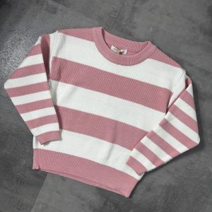 Maglioncino in maglia a righe rosa antico e bianco 4-12 anni