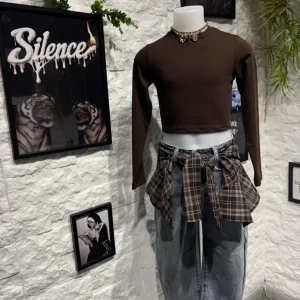 Jeans baggy azzurro in denim con fascia camicia a quadri 4-14 anni