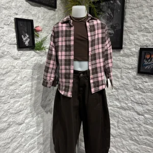 Camicia rosa a quadri in cotone con bottoni 4-14 anni