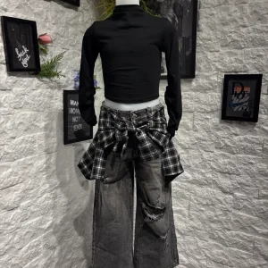 Jeans baggy grigio in denim con cintura a quadri 4-14 anni