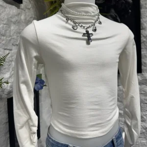 T-shirt bianca in tinta unita con mezzo collo alto e manica arricciata 4-14 anni