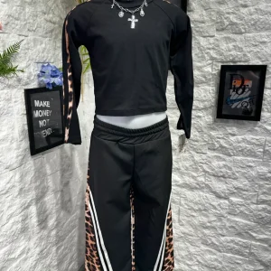 Completo nero con crop e pantalone palazzo bande leopardate - GARZATO 4-14 anni