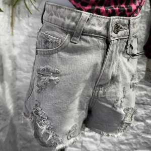 Short grigio in denim con strappi e orlo sfrangiato 4-14 anni