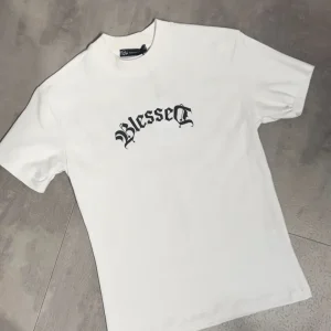 T-shirt bianca con stampa "BLESSED" e croce 10-16 anni