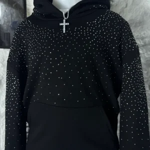 Felpa nera con cappuccio e strass - OVERSIZE - GARZATO 10-16 anni