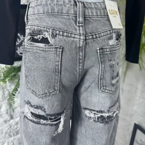 Jeans grigio chiaro in denim con strappi e tasca strass 4-14 anni