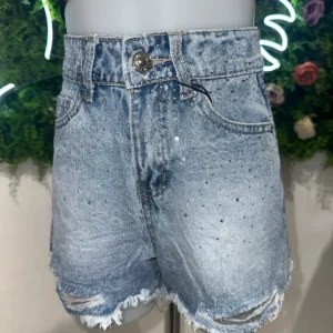 Short in denim chiaro con brillantini a cascata e strappi 4-14 anni