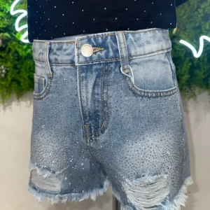 Short in denim chiaro con brillantini e strappi 4-14 anni
