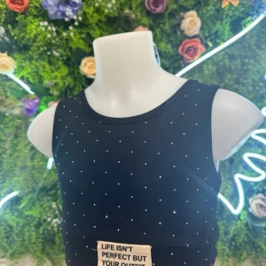 Top nero con strass e patch "LIFE ISN'T PERFECT" 4-14 anni