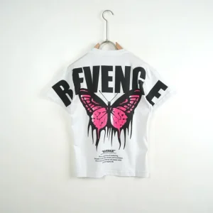 T-shirt bianca in tinta unita con mezzo collo alto stampa "REVENGE" 10-16 anni