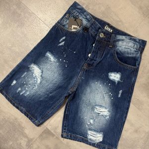 Pantaloncino bermuda blu in denim con strappi e schizzi di vernice