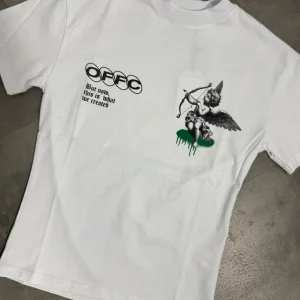 T-shirt bianca in tinta unita con mezzo collo alto stampa "OFFC" 10-16 anni