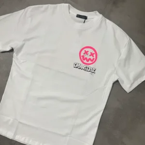 T-shirt bianca con mezzo collo alto e stampa smile fucsia - OVERSIZE