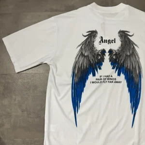 T-shirt bianca con stampa ali blu e scritta "ANGEL" - OVERSIZE 10-16 anni