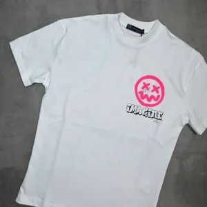 T-shirt bianca con mezzo collo alto e stampa smile fucsia - OVERSIZE 10-16 anni