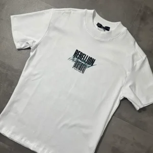 T-shirt bianca con stampa "REBELLION" e grafica urban - OVERSIZE 10-16 anni