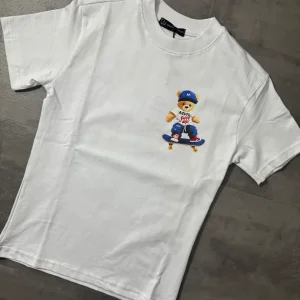 T-shirt bianca con stampa orso skateboard multicolor - OVERSIZE 10-16 anni